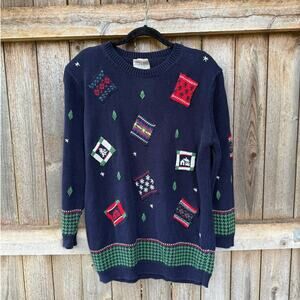 Vintage Susan Bristol SWEATER holiday Christmas pullover blue 1992 ramie/cotton